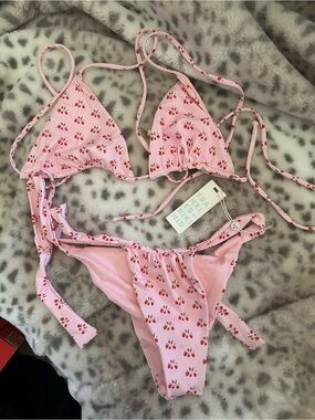Frankie's Bikinis Pink Cherry Print Triangle String Bikini